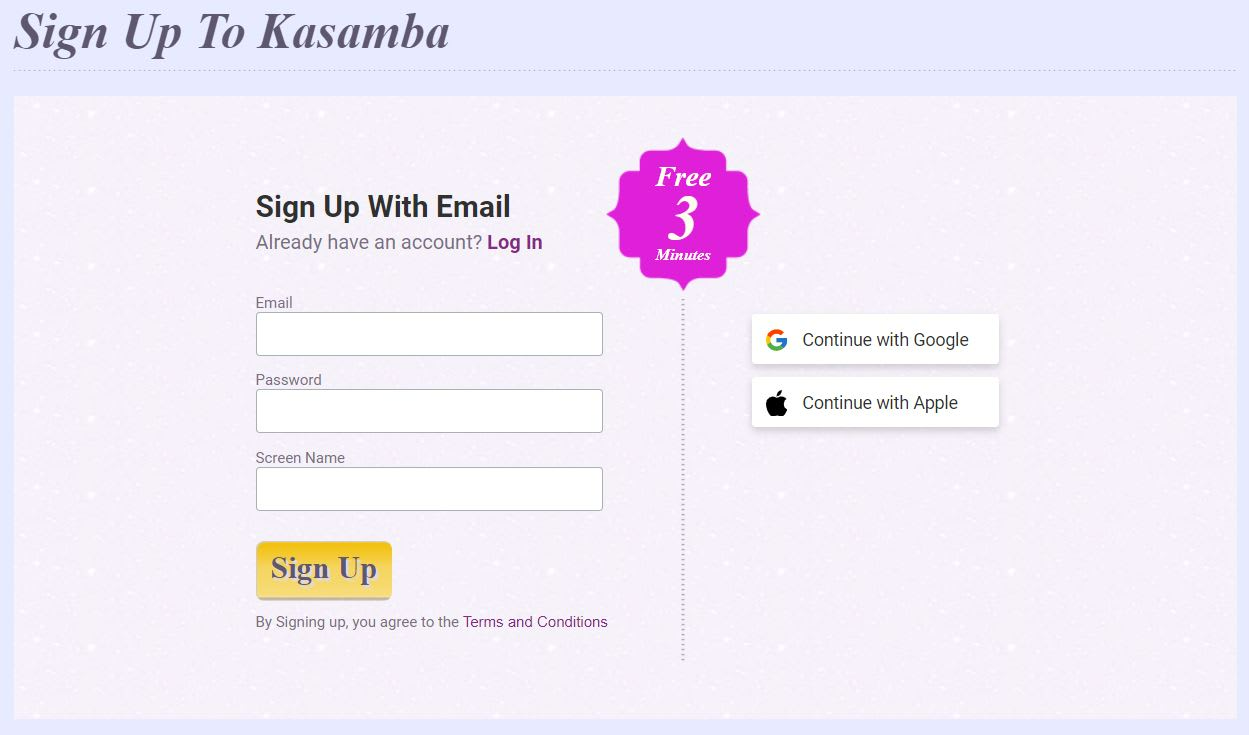 Kasamba sign up page