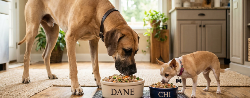 Great Dane and Chihuahua eating fresh dog food showing portion sizes for different breeds