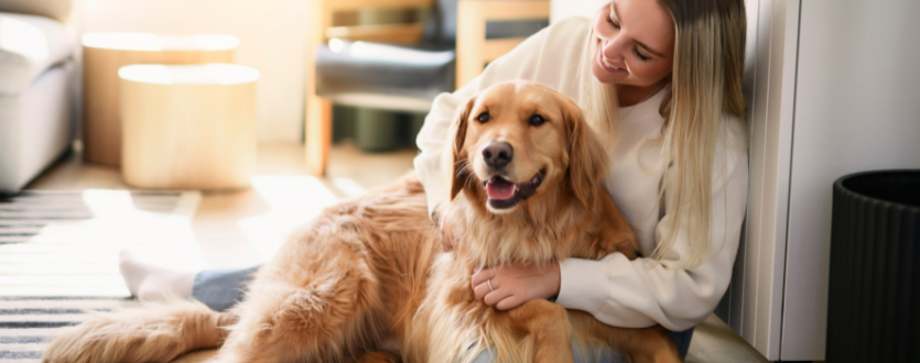 Woman sitting at home cuddling a happy golden retriever