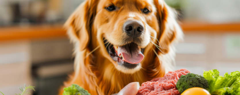 Golden retriever looking at fresh dog food ingredients including raw meat and vegetables