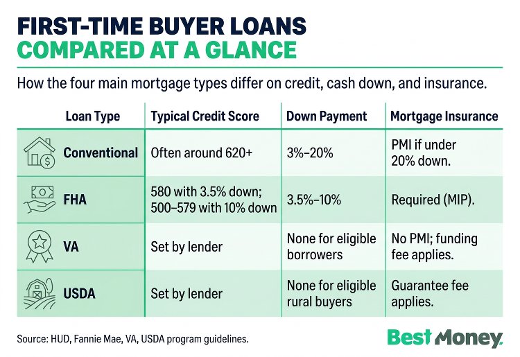 omparison of conventional, FHA, VA, and USDA loans by typical credit score, down payment, and mortgage insurance for first-time home buyers