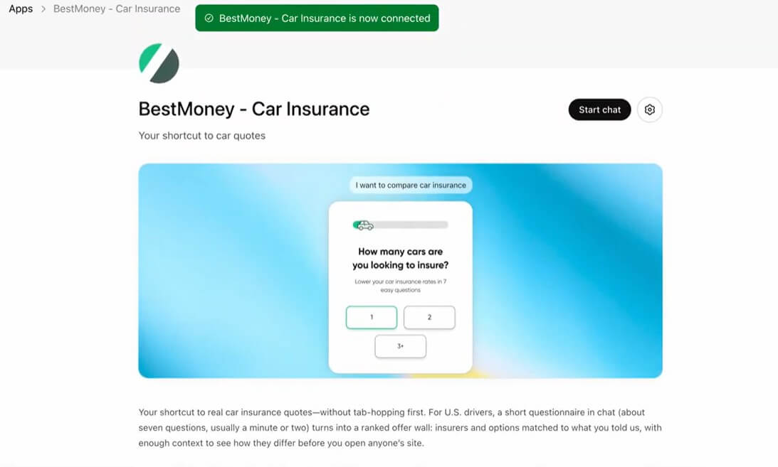 BestMoney Car Insurance app on ChatGPT
