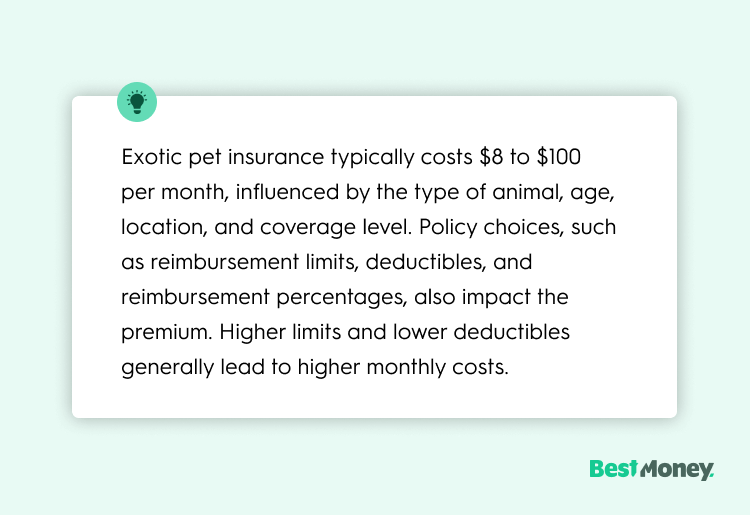 Exotic pet insurance typically costs $8 to $100 per month, influenced by the type of animal, age, location, and coverage level. Policy choices, such as reimbursement limits, deductibles, and reimbursement percentages, also impact the premium. Higher limits and lower deductibles generally lead to higher monthly costs.