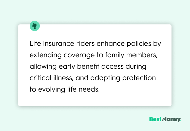 Life insurance riders enhance policies by extending coverage to family members, allowing early benefit access during critical illness, and adapting protection to evolving life needs.