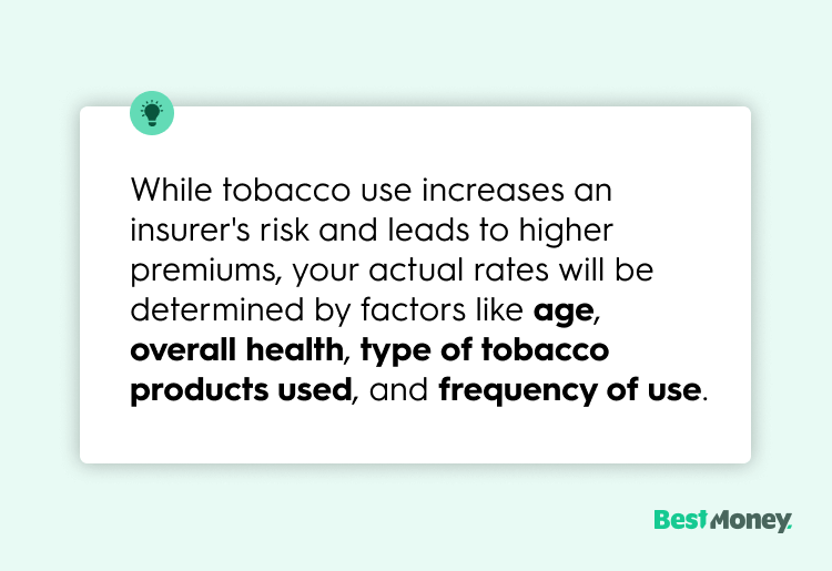 While tobacco use increases an insurer's risk and leads to higher premiums, your actual rates will be determined by factors like age, overall health, type of tobacco products used, and frequency of use. While tobacco use increases an insurer's risk and leads to higher premiums, your actual rates will be determined by factors like age, overall health, type of tobacco products used, and frequency of use.