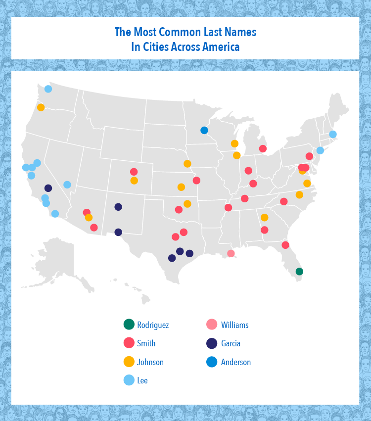  US map showing the most common last names per city