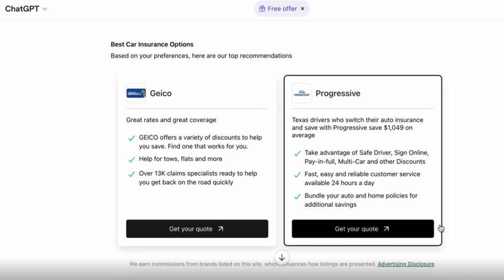 BestMoney Car Insurance ChatGPT app results