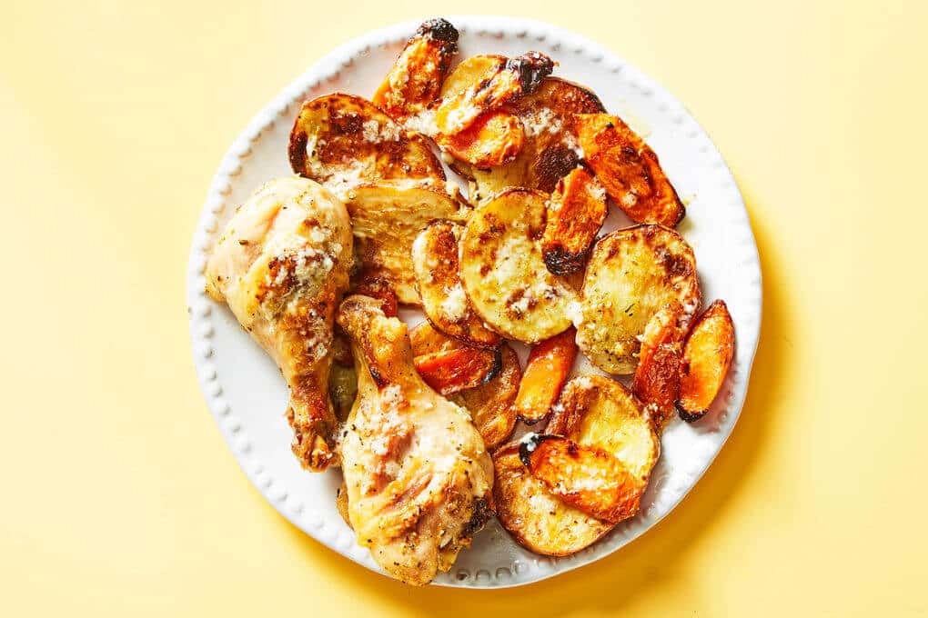 Parmesan Chicken-Potato Roast with Carrot & Lemon Dressing Parmesan Chicken-Potato Roast with Carrot & Lemon Dressing