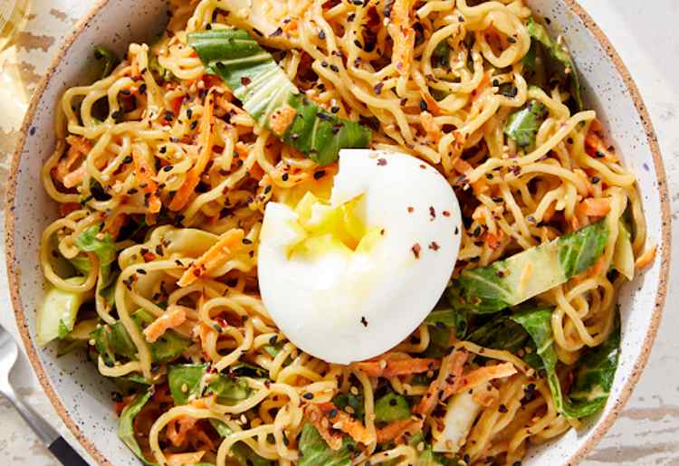 Spicy Cold Sesame Noodles with Bok Choy, Carrots & Soft-Boiled Eggs Spicy Cold Sesame Noodles with Bok Choy, Carrots & Soft-Boiled Eggs