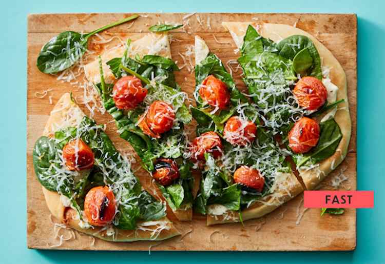 Mediterranean Flatbread with Blistered Tomatoes & Spinach Mediterranean Flatbread with Blistered Tomatoes & Spinach