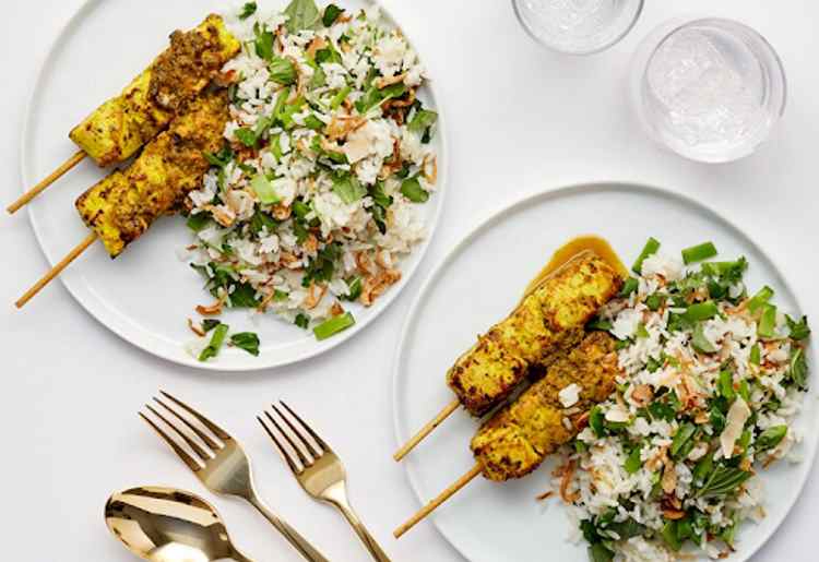 Malaysian Chicken Skewers with Herbs and Coconut Rice Malaysian Chicken Skewers with Herbs and Coconut Rice