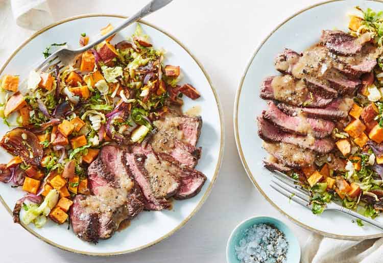 Seared Steak & Pan Gravy with Brussels and Sweet Potatoes Seared Steak & Pan Gravy with Brussels and Sweet Potatoes